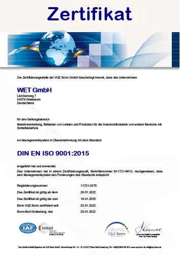 Zertifikat VQZ Bonn WET GmbH DIN EN ISO 9001:2015